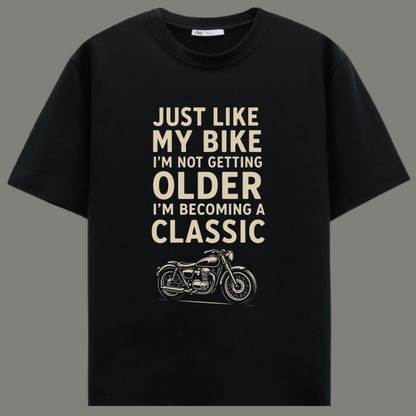 Becoming a Classic – Premium Black Cotton Vintage Biker Quote T-Shirt