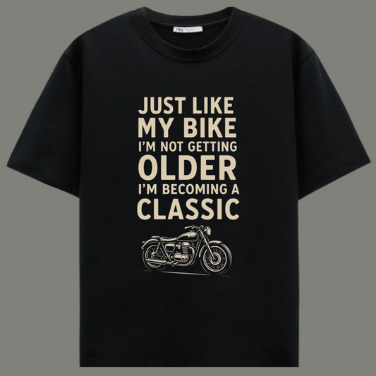 Becoming a Classic – Premium Black Cotton Vintage Biker Quote T-Shirt
