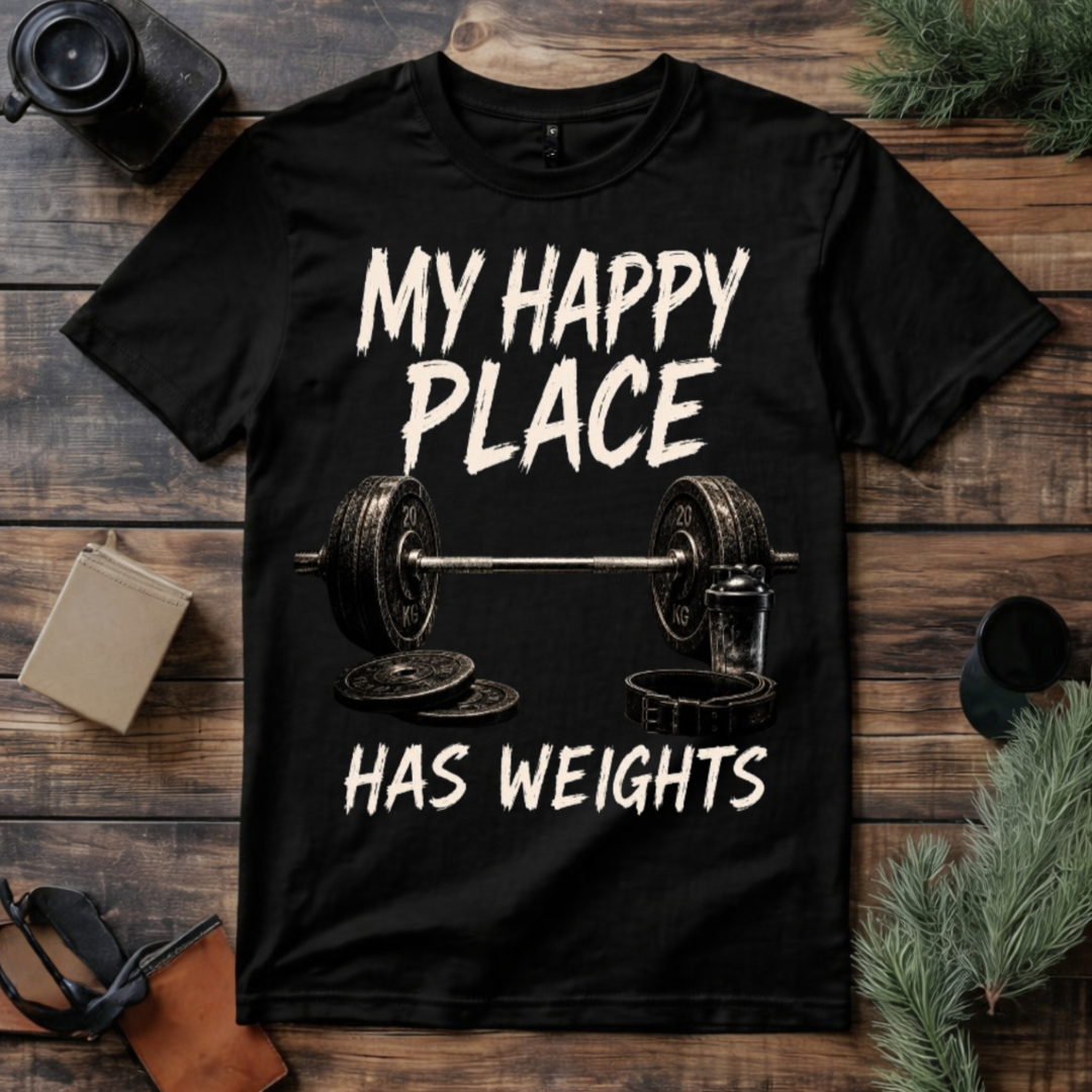 My Happy Place Has Weights T Shirt