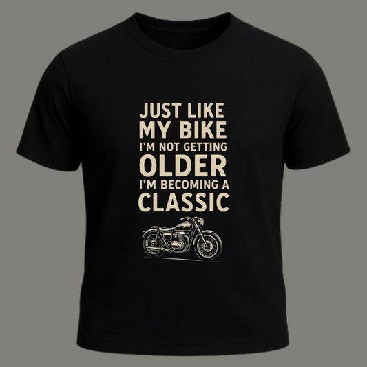 Becoming a Classic – Premium Black Cotton Vintage Biker Quote T-Shirt